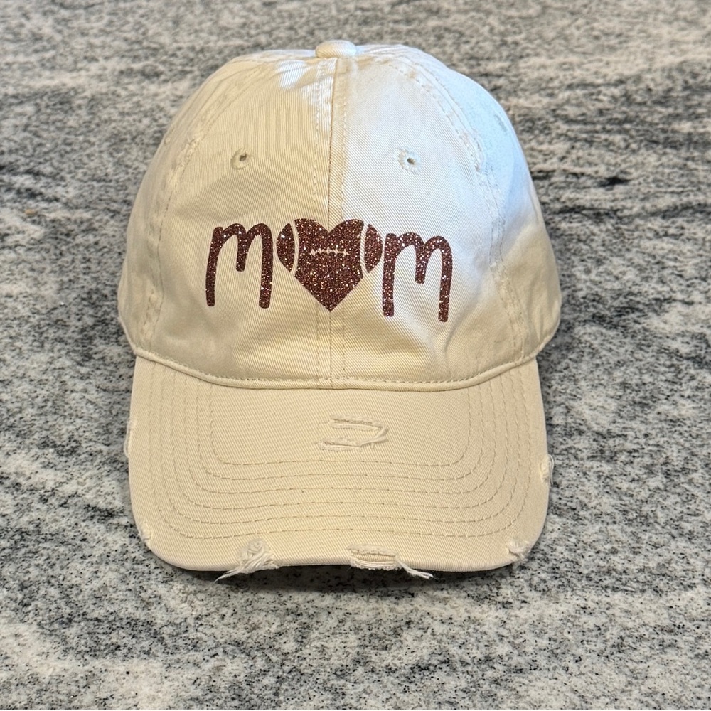 New Custom Designed Ivory Distressed Baseball Cap w Brown Glitter Football Mom